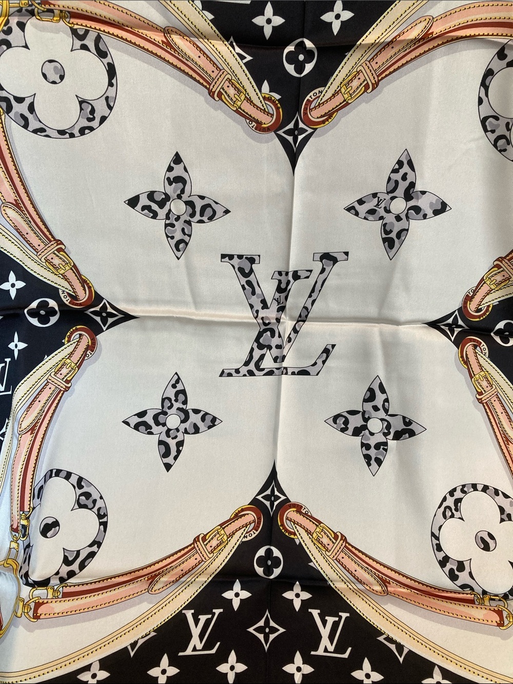 Louis Vuitton Cream, Black & Pink Monogram Silk Scarf